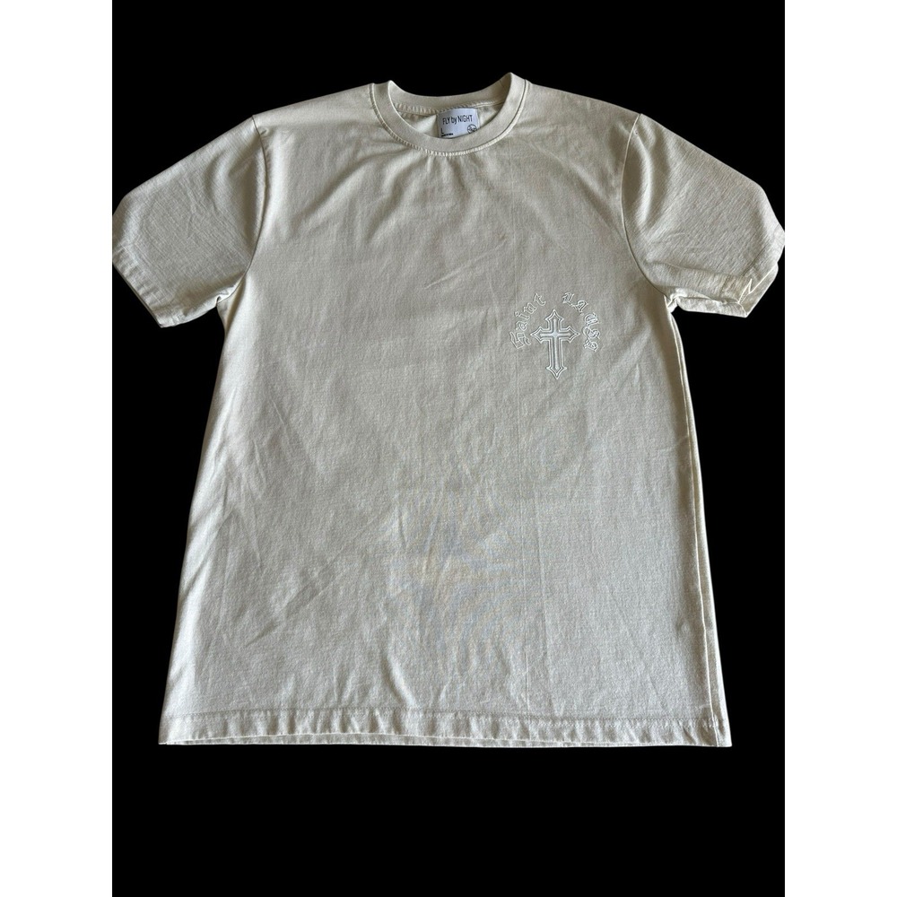 Fly By Night Men's Saint T-shirt‎ Large Beige Cross LA Menace Streetwear Y2K EUC